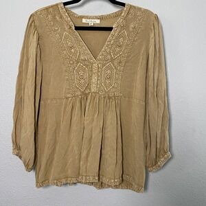 Solitaire Tan Peasant Blouse Medium Bohemian Boho Chic Hippie Festival Babydoll